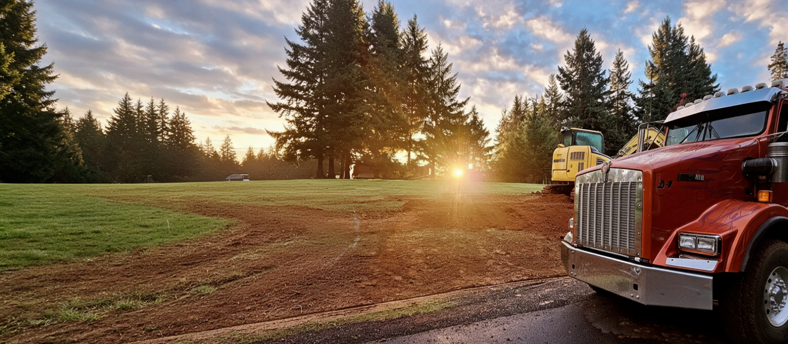 Red dump truck and yellow excavator beside earthwork and evergreens at sunset